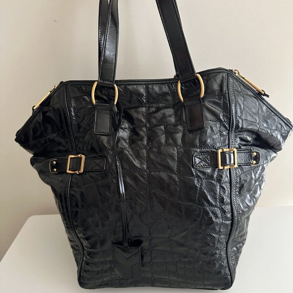 YSL Yves Saint Laurent Downtown Black Quilted Croc Embossed Patent Leather